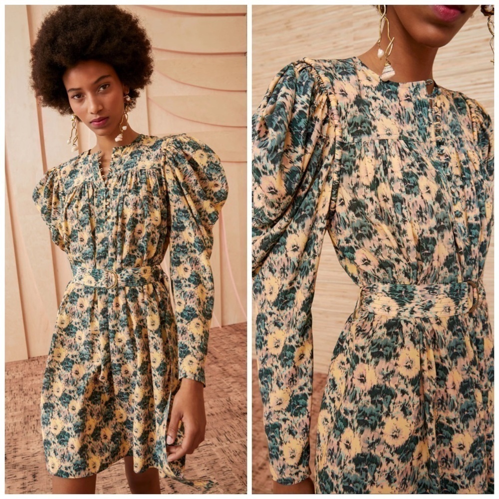Ulla Johnson Elaine Long Puff Sleeve Floral Silk Mini Dress Begonia Cocktail